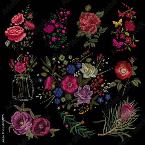 Set of Peony. Traditional folk stylish stylish floral embroidery on the black background. Sketch for printing on clothing, fabric, masks, accessories and design. Trend vector
