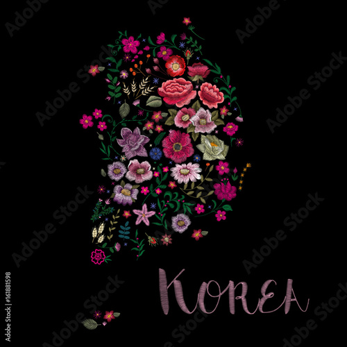 Map of Korea. Traditional folk fashionable stylish floral embroidery stitch on a black background. Sketch for printing on clothing, fabric, accessories and design. Trend vector