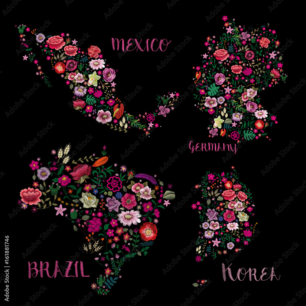 Map of brazil. Traditional folk fashionable stylish embroidery stitch. Floral motif. Sketch for printing on clothing, fabric, accessories and design. vector