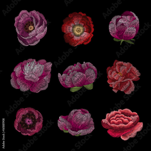 Set of Peony. Traditional folk stylish stylish floral embroidery on the black background. Sketch for printing on clothing, fabric, masks, accessories and design. Trend vector