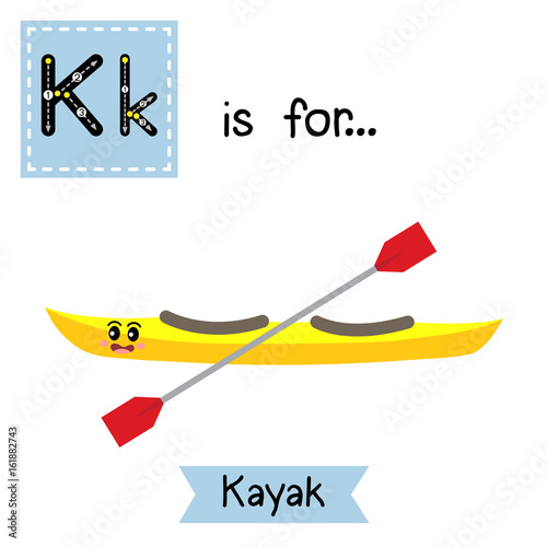 Letter K cute children colorful transportations alphabet tracing flashcard of Kayak for kids learning English vocabulary Vector Illustration.