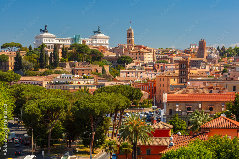 Aerial wonderful view of Rome with The Palatine Hill and Altar of the Fatherland in the summer day in Rome, Italy