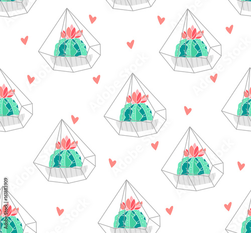 Seamless pattern with color cactus in terrarium and hearts on white background. Ornament for textile and wrapping. Vector.