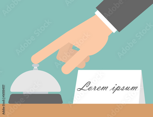 Hand pressing service bell button on a desk concept. Vector illustration in flat style