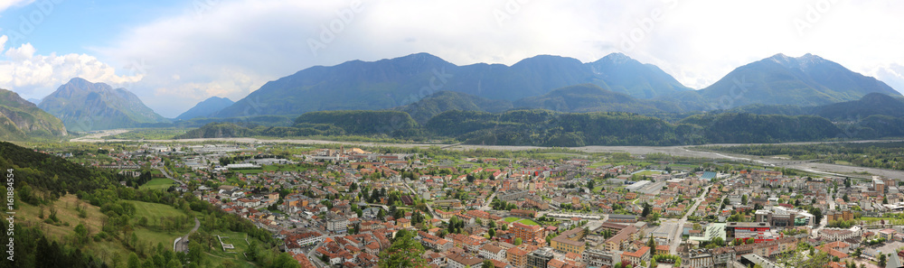very wide panorama of Town called Tolmezzo in Italy