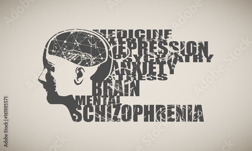 Abstract illustration of a human head with brain. Woman face silhouette. Medical theme creative concept. Connected lines with dots. Schizophrenia disease tags cloud. Grunge texture effect