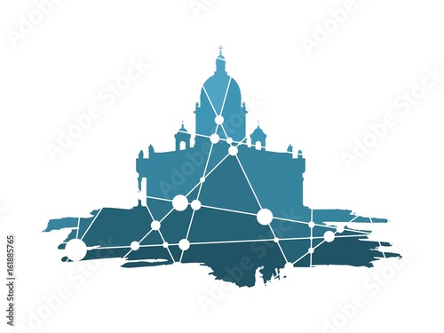 Silhouette of the Saint Isaac's Cathedral in Saint Petersburg Russia. Modern minimalist icon on grunge brush. Connected lines with dots.