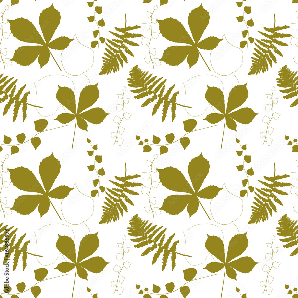 Vector floral seamless pattern with  chestnut tree , ivy and fern leaves outlines.