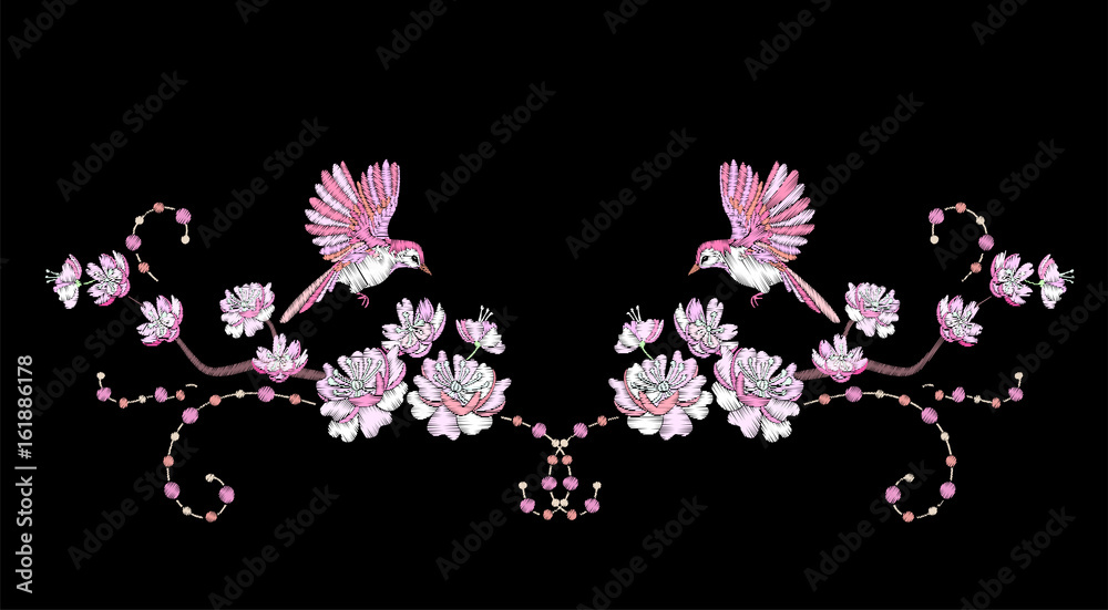 Φωτογραφία Embroidery cherry or sakura branch blossom and flying birds, symmetrical ornament for decoration of clothes