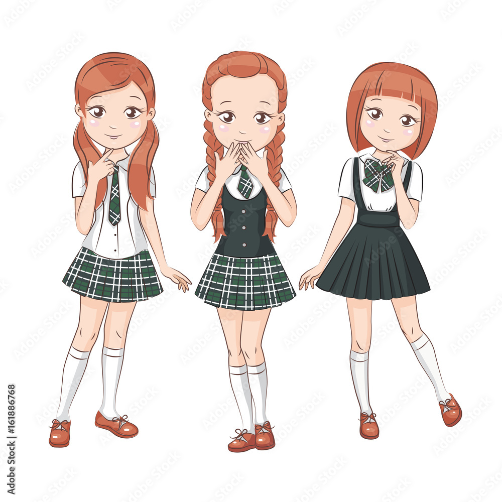 Three cute girlfriends. Set of cute girls with different hairstyles and different stylish school uniform for your design. They smile and showing different signs. Vector isolated on white. Three cute girlfriends. Set of cute girls with different hairstyles and different stylish school uniform for your design. They smile and showing different signs. Vector isolated on white.