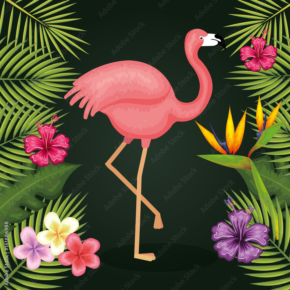 Fototapeta Flamingo with tropical flowers and leaves over green background vector illustration