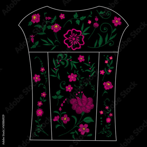 Traditional folk stylish stylish floral embroidery on the black background. Sketch for printing on clothing, fabric, masks, accessories and design. Trend vector