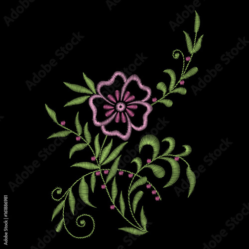 Traditional folk stylish stylish floral embroidery on the black background. Sketch for printing on clothing, fabric, masks, accessories and design. Trend vector