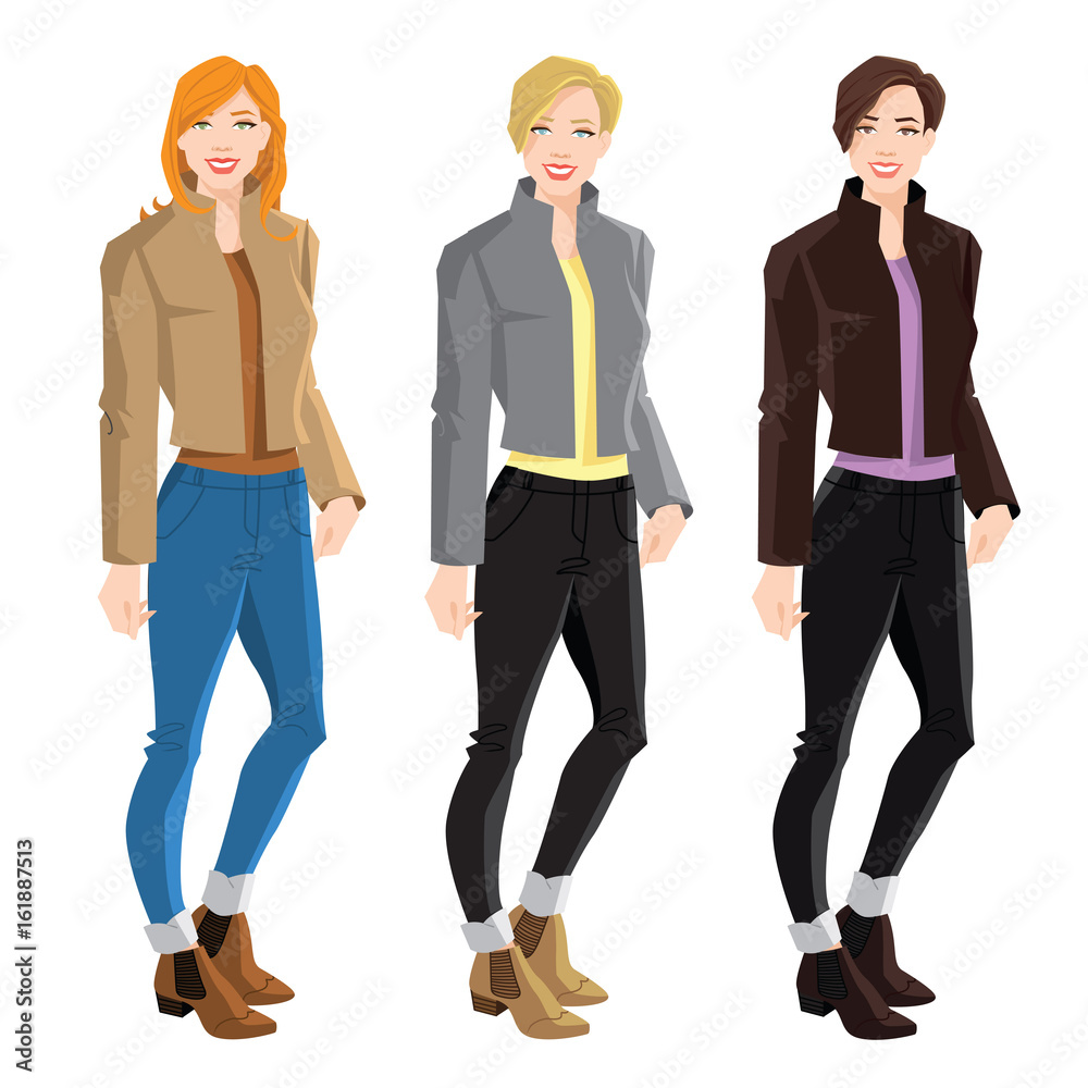 Vector illustration of blonde and brunette girls in bomber jacket, jeans and ankle boot with side elastic gussets on white background Vector illustration of blonde and brunette girls in bomber jacket, jeans and ankle boot with side elastic gussets on white background