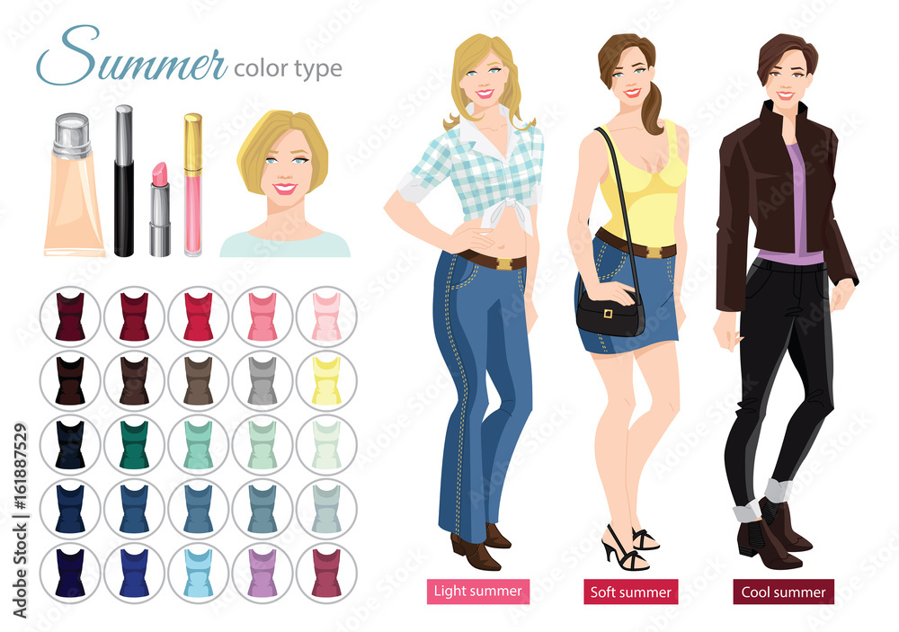 Vector illustration of seasonal color palette for soft, cool and light  summer type. Young woman in different clothes. Set of cosmetics on white  background. Stock Vector | Adobe Stock