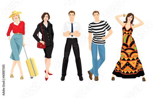 Group of people in different clothes and pose