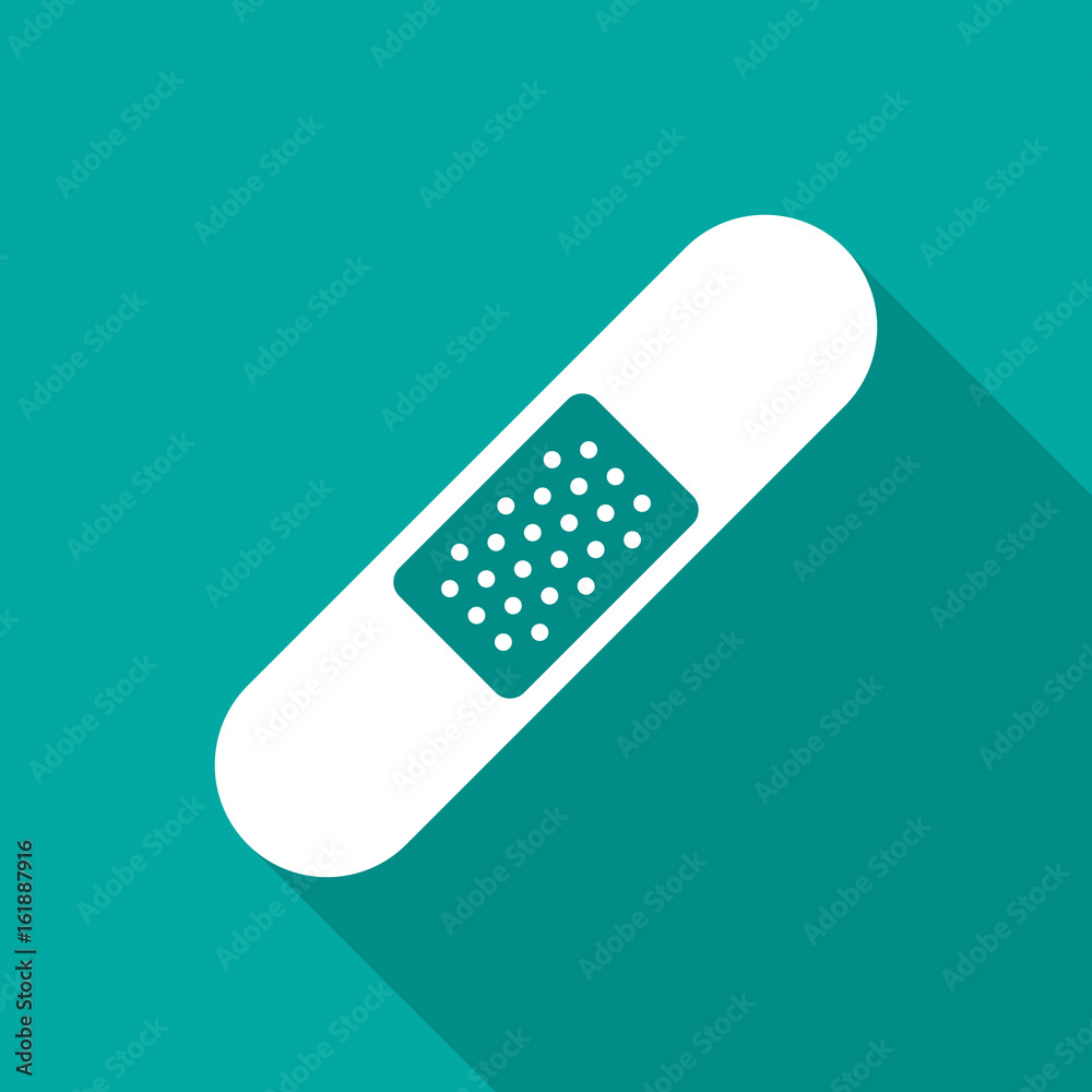 Band aid icon with long shadow. Flat design style. Medical patch simple silhouette. Modern, minimalist icon in stylish colors. Web site page and mobile app design vector element. Band aid icon with long shadow. Flat design style. Medical patch simple silhouette. Modern, minimalist icon in stylish colors. Web site page and mobile app design vector element.