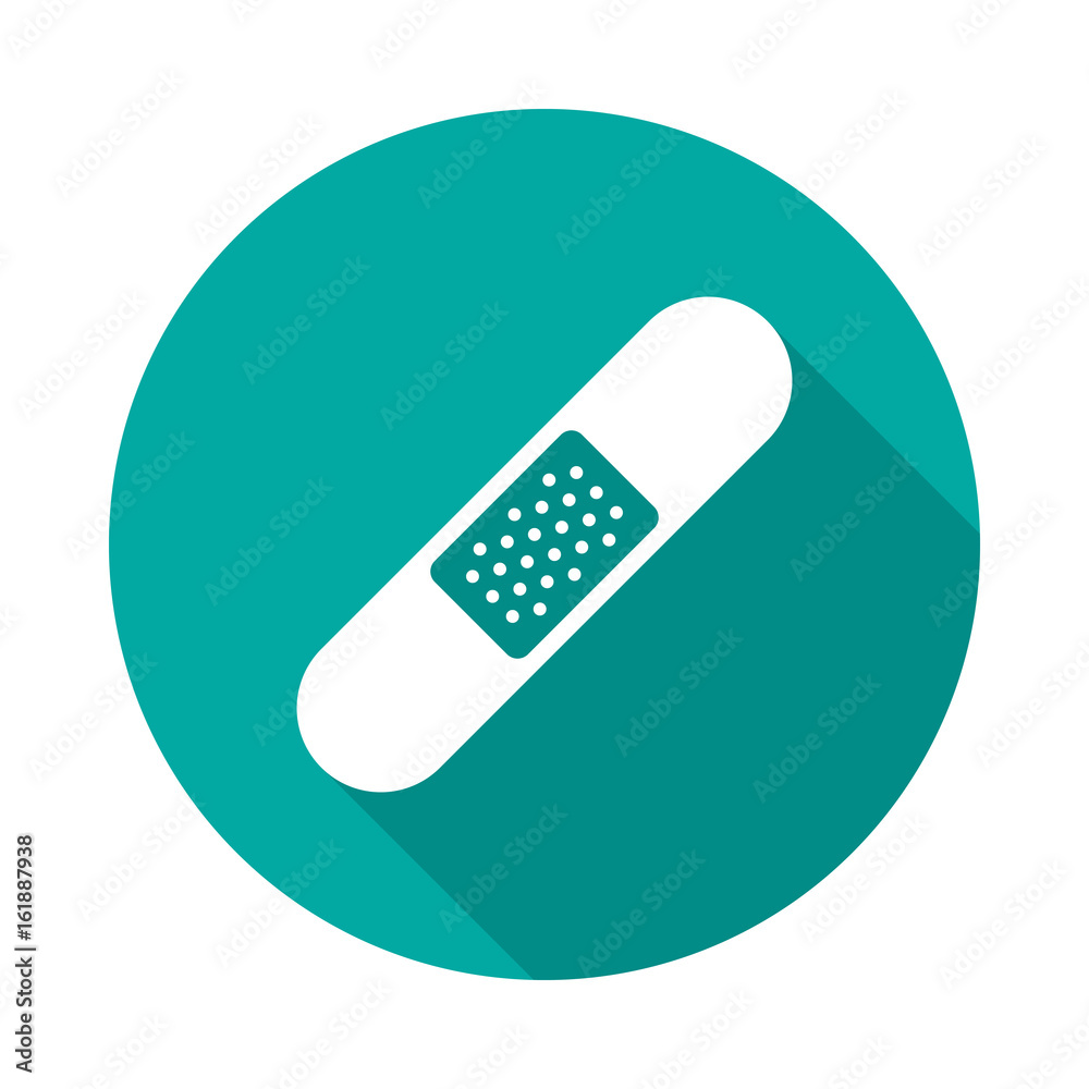 Band aid circle icon with long shadow. Flat design style. Medical patch simple silhouette. Modern, minimalist, round icon in stylish colors. Web site page and mobile app design vector element. Band aid circle icon with long shadow. Flat design style. Medical patch simple silhouette. Modern, minimalist, round icon in stylish colors. Web site page and mobile app design vector element.