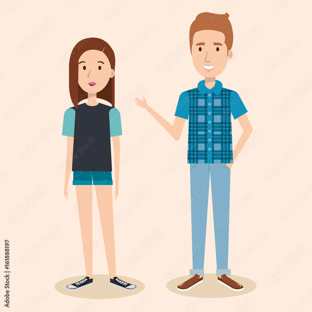 Young brunette woman and blonde man over light background vector illustration