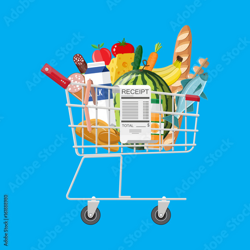 Shopping cart full of groceries and receipt