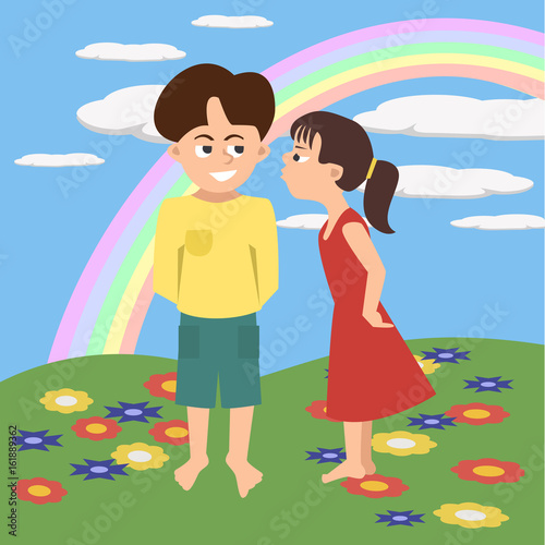 kids kissing with rainbow background vector cartoon