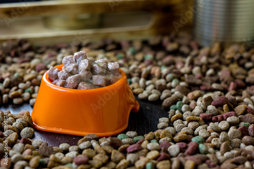 Wet canned pet food in a bo...