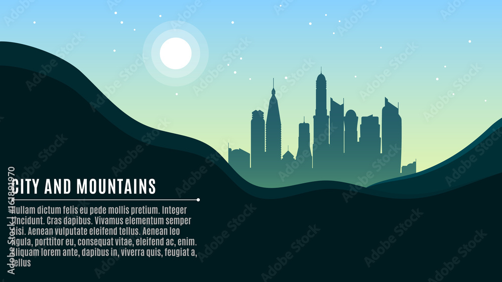 Landscape on the hilly mountains and the big morning city. Bright sun and stars on a turquoise sky. A place for your projects. Vector illustration in a flat style