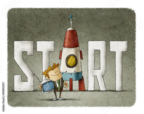 Businessman with the word start and a rocket