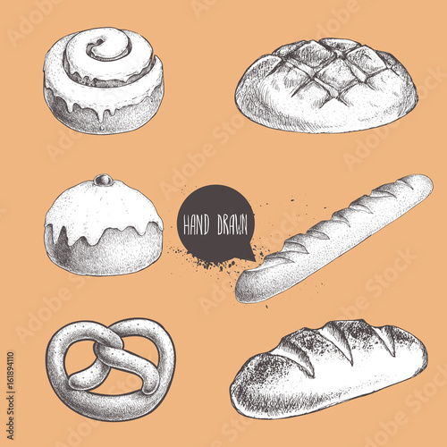 Vintage hand drawn sketch fresh style bakery set. Bread, iced bun, cinnamon iced bun, baguette, german pretzel and bread loaf.