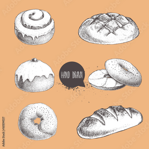 Vintage hand drawn sketch fresh style bakery set. Bread, iced bun, cinnamon iced bun, bagel with sesame and bagel with cream cheese and bread loaf.