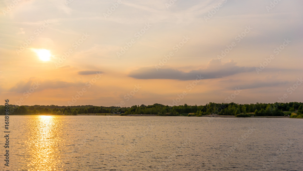 Romantic sunset at the Cospudener Lake near Leipzig