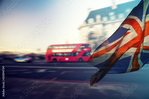 UK flag and typical red buses