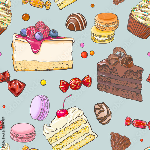 Seamless pattern of hand drawn cakes, candies, macaroons, cupcakes, sketch vector illustration. Seamless pattern, backdrop, background, wrapping paper, textile design with various sweets and desserts