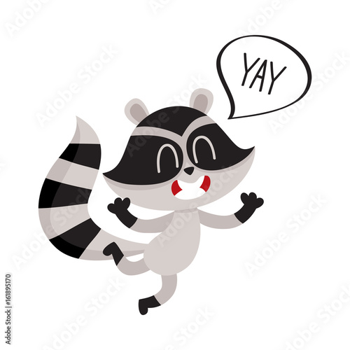 Cute raccoon character jumping from happiness with word Yay in speech bubble, cartoon vector illustration isolated on white background.