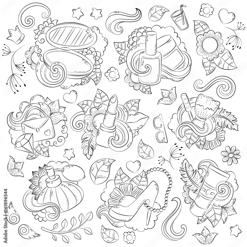 Doodle hand drawn vector abstract background, texture, pattern, wallpaper, backdrop. Collection of beauty salon, cosmetics, make-up elements. Anti-stress coloring book page for adults