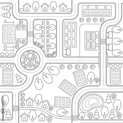 Abstract seamless vector background, pattern, wallpaper, backdrop with houses, roads, trees. Urbanistic landscape plan. City, town map. Template for web design, printing on fabric, textiles, clothing