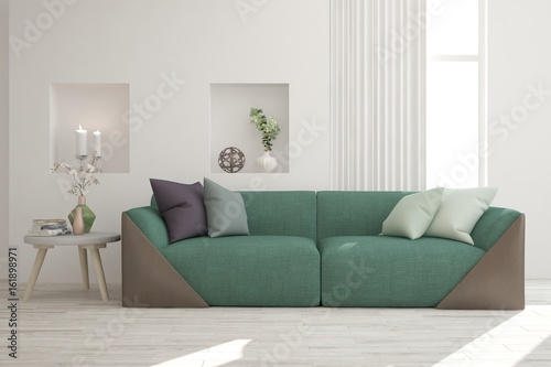 White modern room with sofa. Scandinavian interior design. 3D illustration