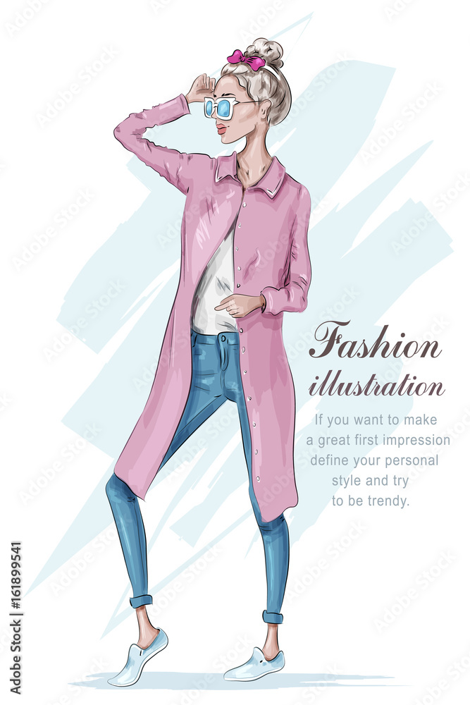 Beautiful stylish girl wearing jeans and cardigan. Hand drawn girl with sunglasses. Fashion woman. Sketch. Vector illustration. Beautiful stylish girl wearing jeans and cardigan. Hand drawn girl with sunglasses. Fashion woman. Sketch. Vector illustration.