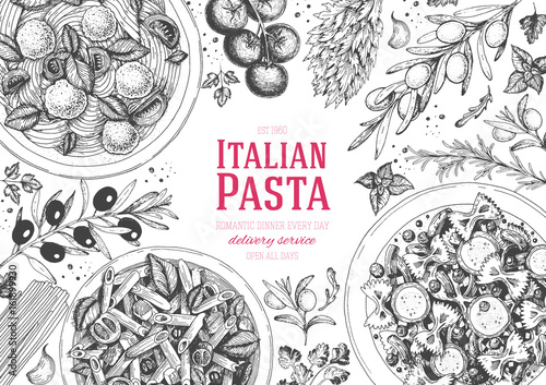 Italian pasta frame. Hand drawn vector illustration of an Italian pasta top view. Food design template. Farfalle, Penne and Spaghetti illustration. Classic italian cuisine. Engraved style