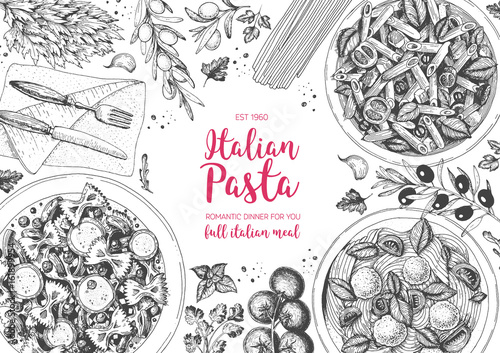 Italian pasta frame. Hand drawn vector illustration of an Italian pasta top view. Food design template. Farfalle, Penne and Spaghetti illustration. Classic italian cuisine. Engraved style