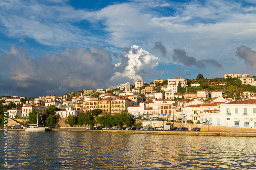 Panoramic view to Pylos town captured at dusk. Pylos located in Messinia prefecture, Greece