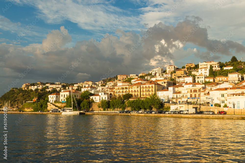 Panoramic view of the town of Pylos captured at dusk. Pylos located in Messinia prefecture, Greece