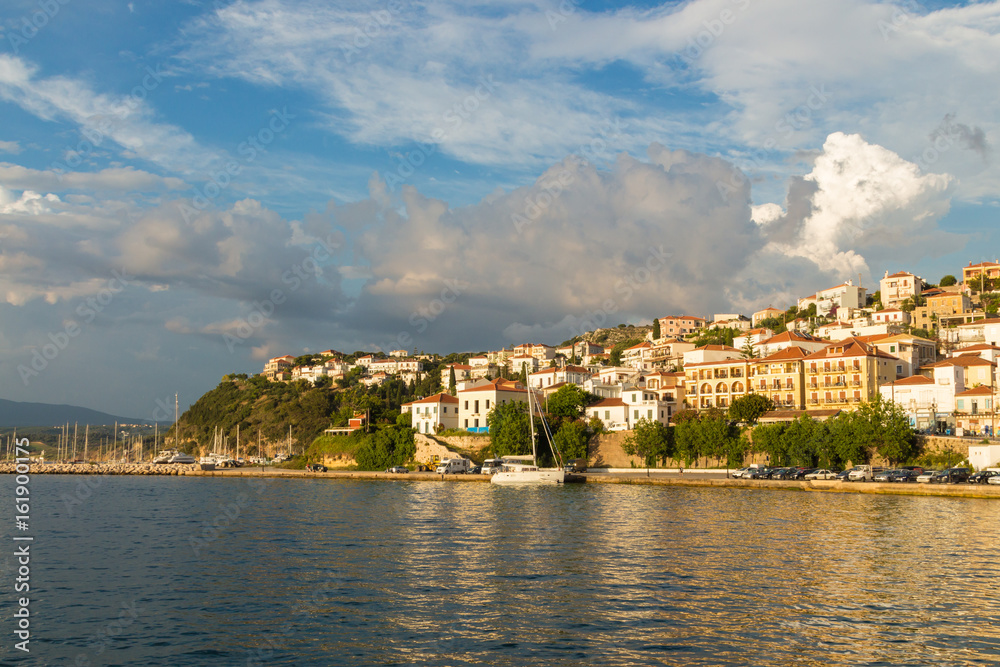 Panoramic view of the town of Pylos and marina. Pylos located in Messinia prefecture, Greece captured at dusk.