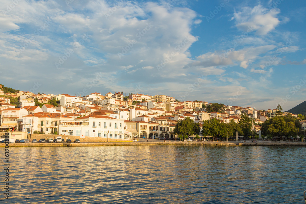 Panoramic view Pylos town, captured at dusk. Pylos located in Messinia prefecture, Greece