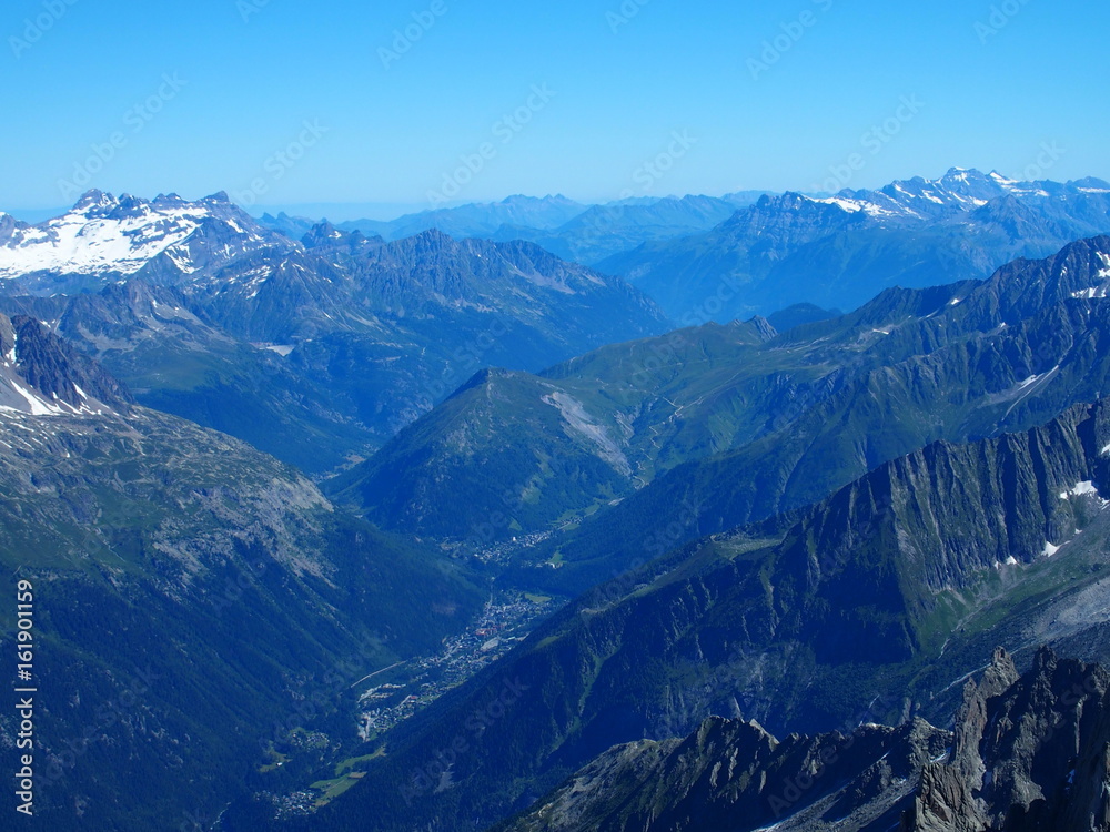 Alpine mountains range landscape from Aiguille du Midi