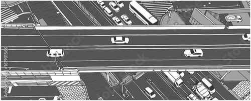 Illustration of rush hour traffic from high angle view in grey scale