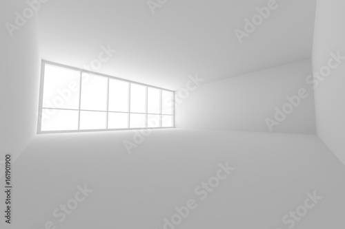 Empty white business office room with large window wide angle