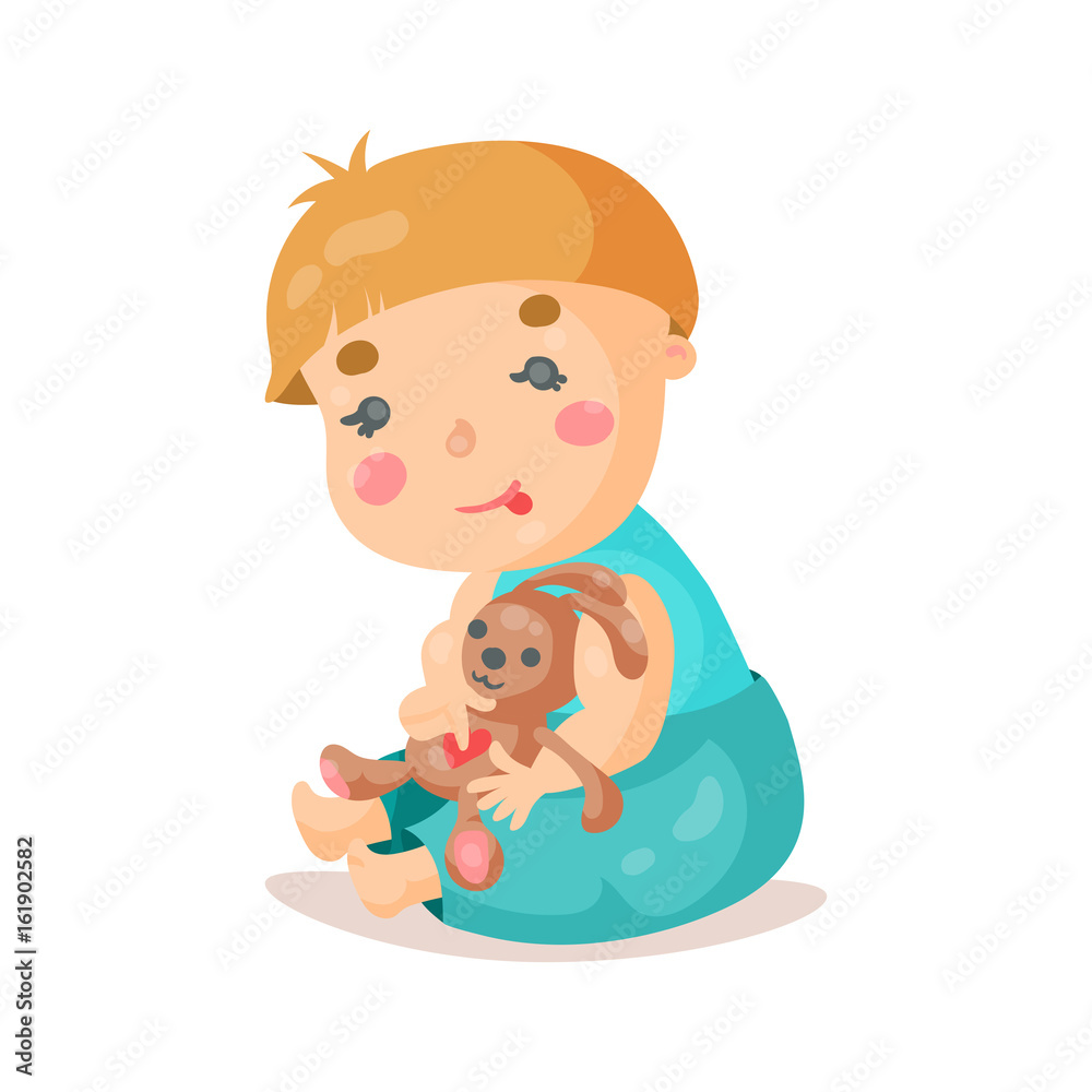 Cute cartoon baby sitting and plying with his bunny toy colorful character vector Illustration Cute cartoon baby sitting and plying with his bunny toy colorful character vector Illustration