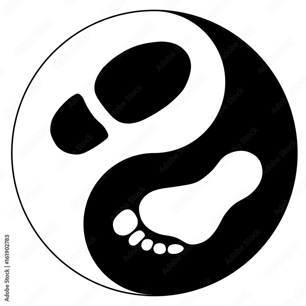 Men's foot and footprint of shoe as yin yang sign Men's foot and footprint of shoe as yin yang sign