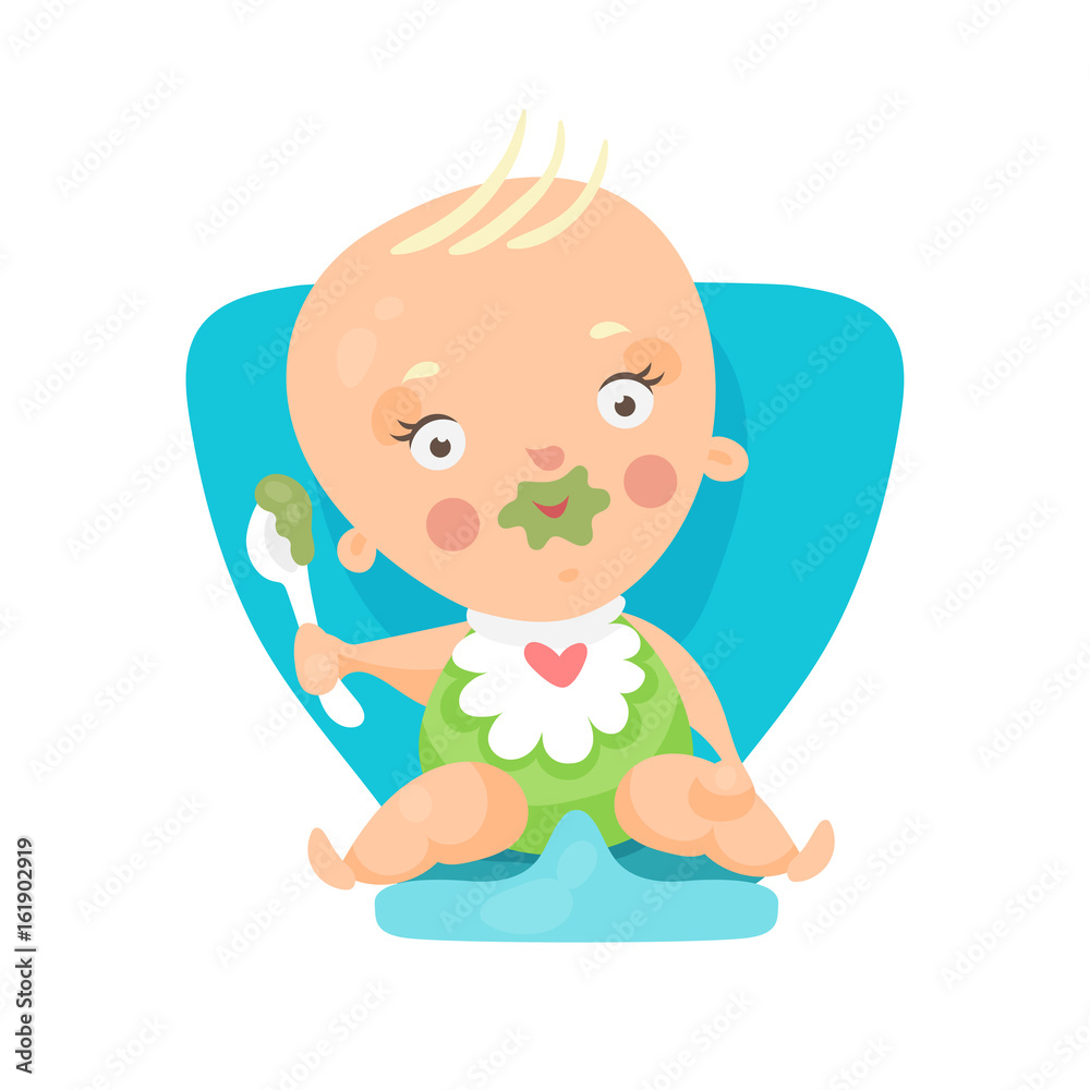 Adorable cartoon baby sitting on blue chair and eating, colorful character vector Illustration Adorable cartoon baby sitting on blue chair and eating, colorful character vector Illustration